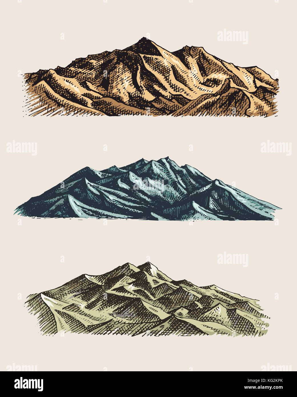 Set di vintage, antica incisione con cime delle montagne in mano drawh stile sketch diverse versioni e colori Illustrazione Vettoriale
