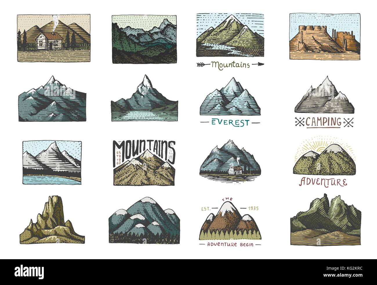 Set di incisi vintage, disegnati a mano, vecchio, etichette o badge per campeggio, escursioni, caccia con picchi di montagna, da sud a nord Illustrazione Vettoriale
