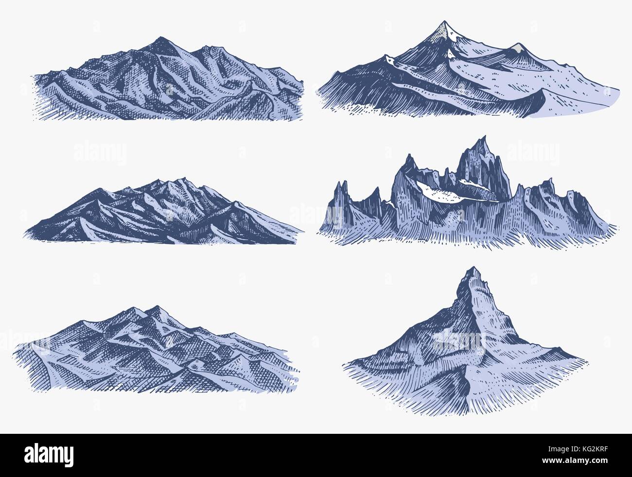 Set di vintage, antica incisione con cime delle montagne in mano drawh stile sketch diverse versioni e colori Illustrazione Vettoriale