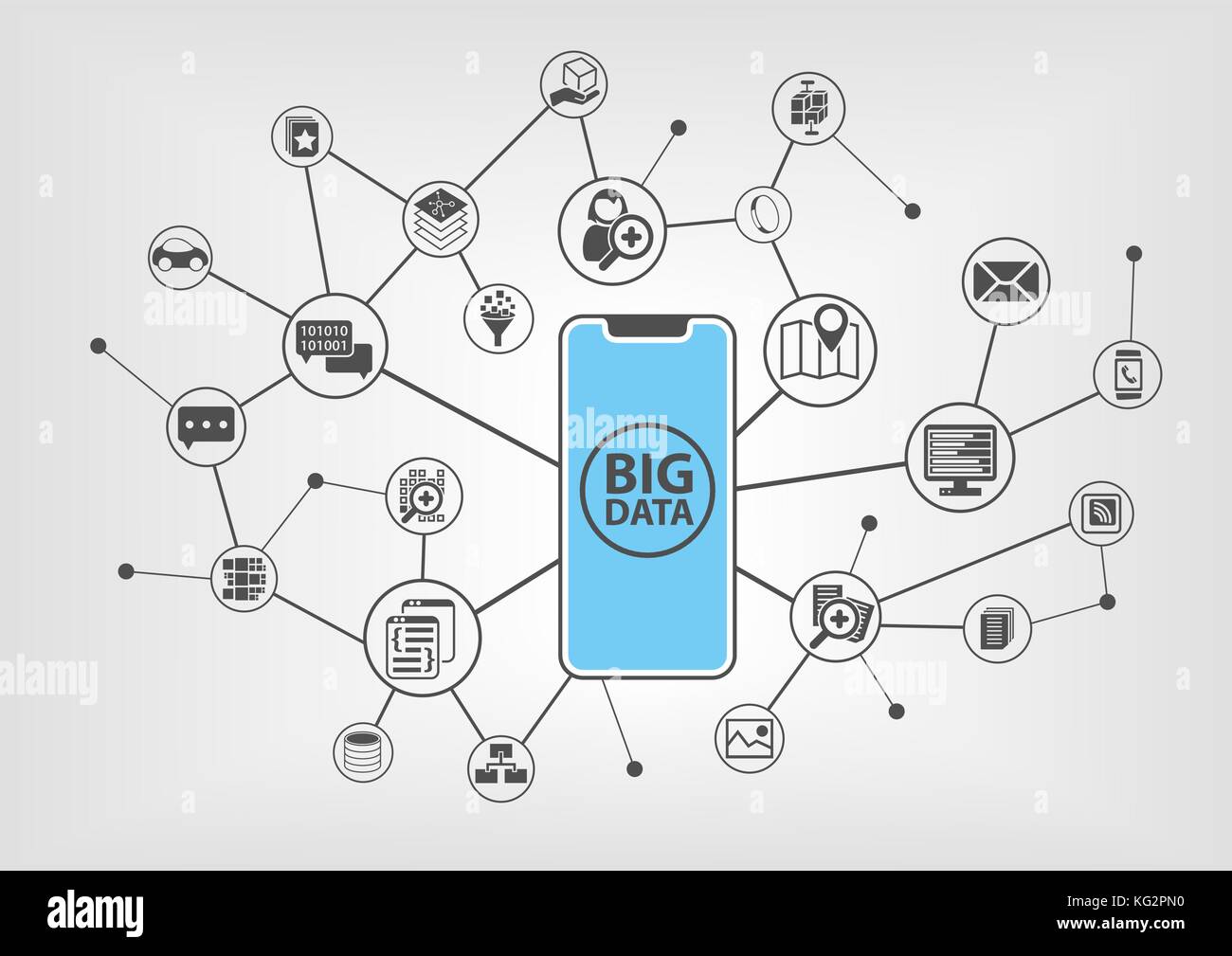 Grande concetto di dati con il testo visualizzato sullo schermo a sfioramento prive di telaio della cornice moderna libera smartphone con vari dispositivi collegati e dati Illustrazione Vettoriale