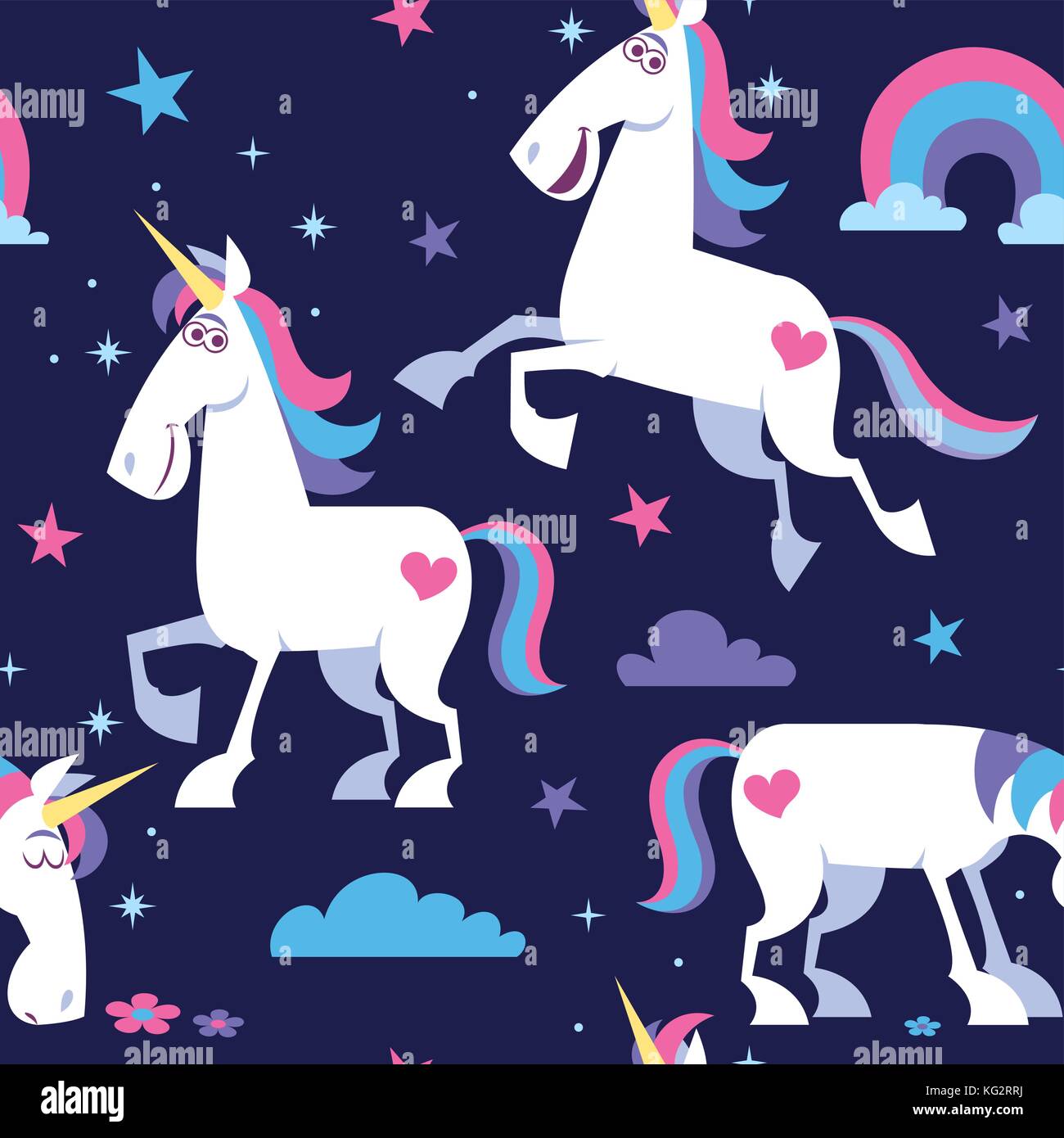 Modello senza cuciture con unicorno, stelle, nuvole e arcobaleno. Illustrazione Vettoriale