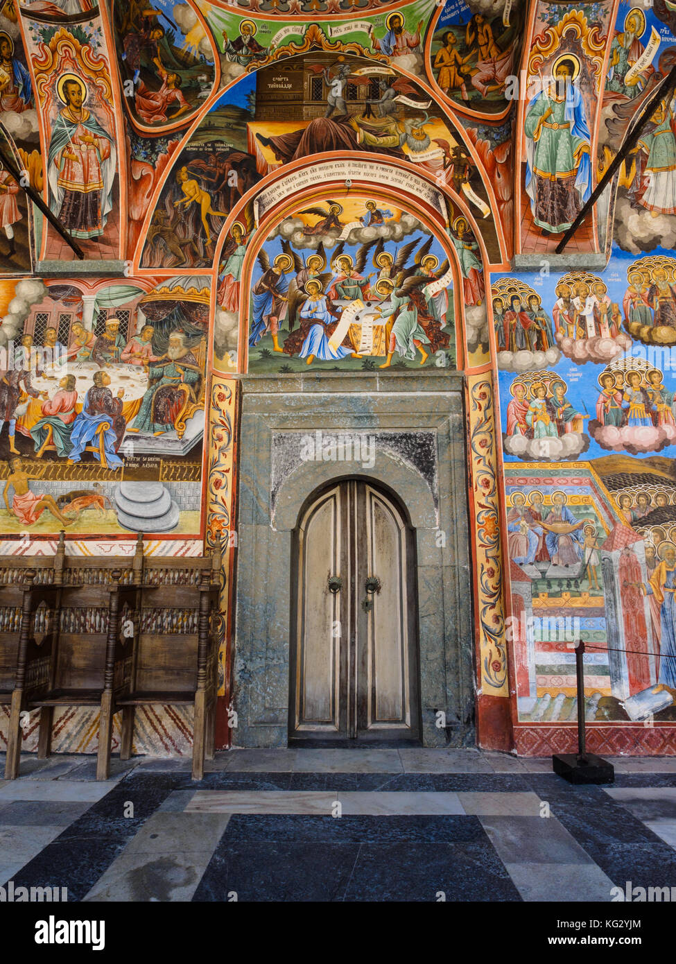 Affresco sulla parete esterna della chiesa principale, il monastero di Rila, Bulgaria Foto Stock