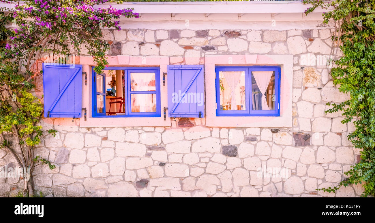 Veduta di due piccole finestre di legno blu aperte con piante verdi intorno ad Alacati, Smirne, Turchia. Foto Stock