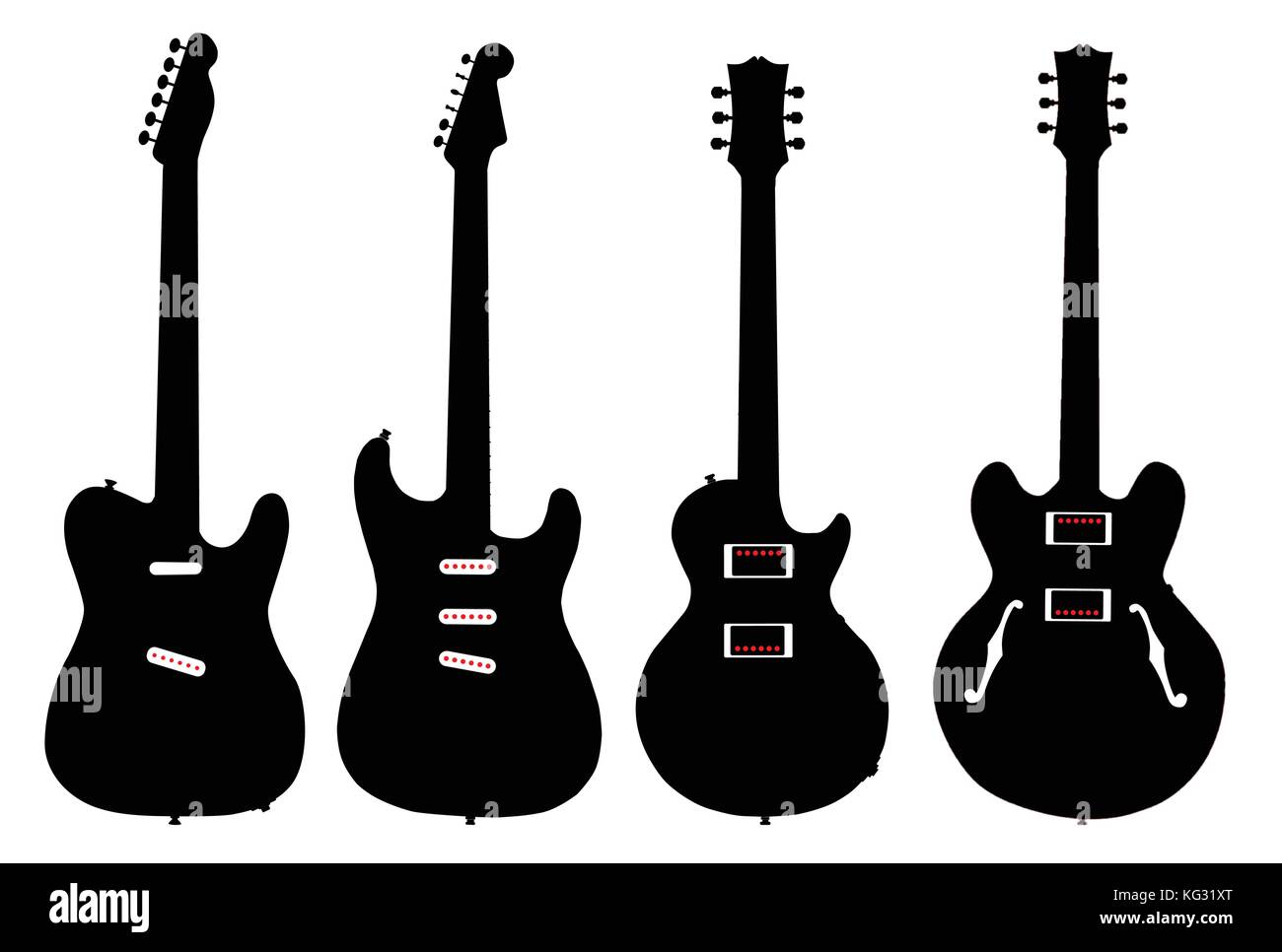 Una collezione di moderni chitarra elettrica forme con i pickup su uno sfondo bianco Illustrazione Vettoriale