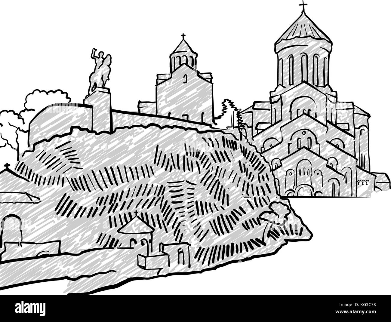 Tbilisi, Georgia famoso disegno di viaggio. Lineart disegno a mano. Biglietto di auguri design, illustrazione vettoriale Illustrazione Vettoriale