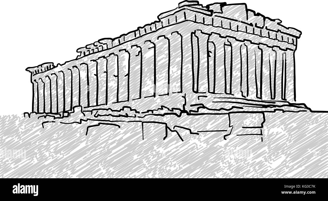 Atene, Grecia tempio famoso sketch. Lineart disegno a mano. Biglietto di auguri design, illustrazione vettoriale Illustrazione Vettoriale