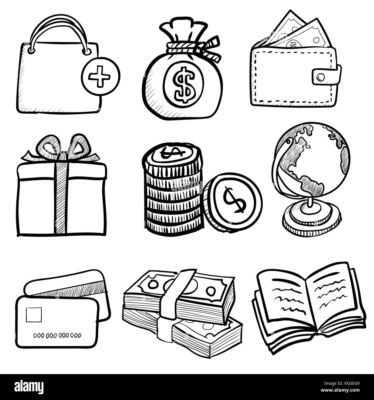 Set di business per scarabocchiare sullo sfondo della carta set 1, per affari, shopping, vendita e concetto finanziario-vector disegnati a mano. Illustrazione Vettoriale