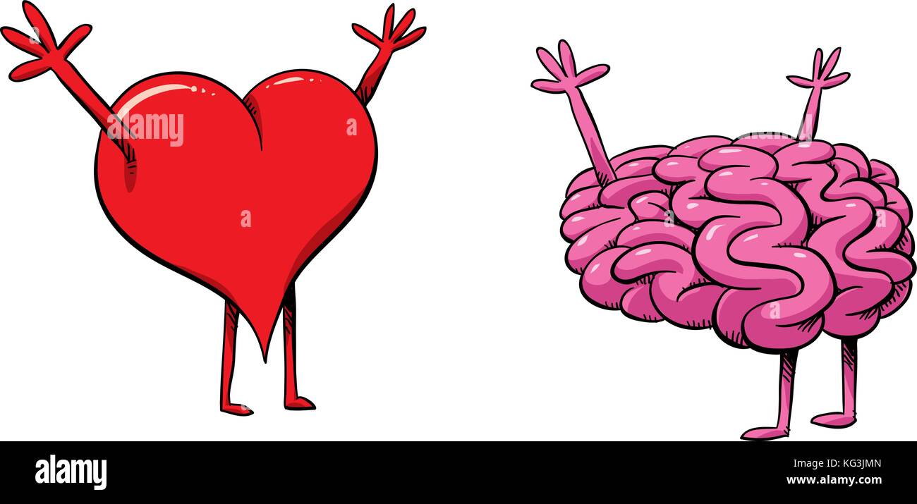 Un cartone animato cuore e cervello sono entusiasti di vedere uno un altro. Illustrazione Vettoriale