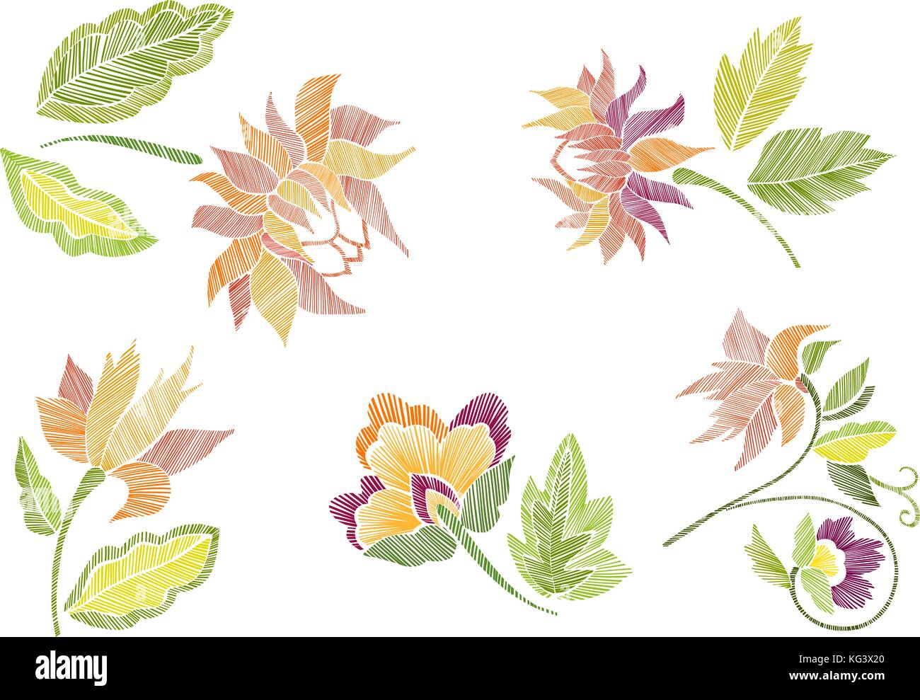 Set di disegno floreale con fantasia fiori isolati. line art. illustrazione vettoriale disegnato a mano ricamo. Gli elementi di design - fiori e foglie. Illustrazione Vettoriale