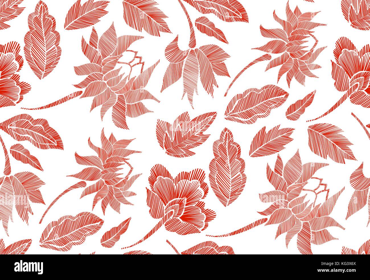 Floral background senza giunture con pattern di fantasia fiori e foglie line art. ricamo fiori. illustrazione vettoriale. Illustrazione Vettoriale