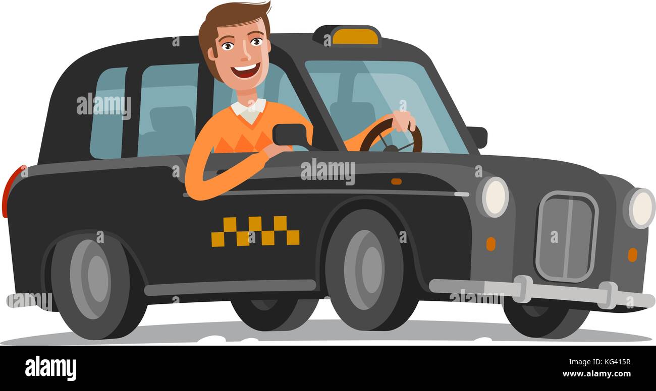 Un autista felice sta guidando un taxi. Trasporto passeggeri, auto, concetto di veicolo. Illustrazione vettoriale dei cartoni animati Illustrazione Vettoriale