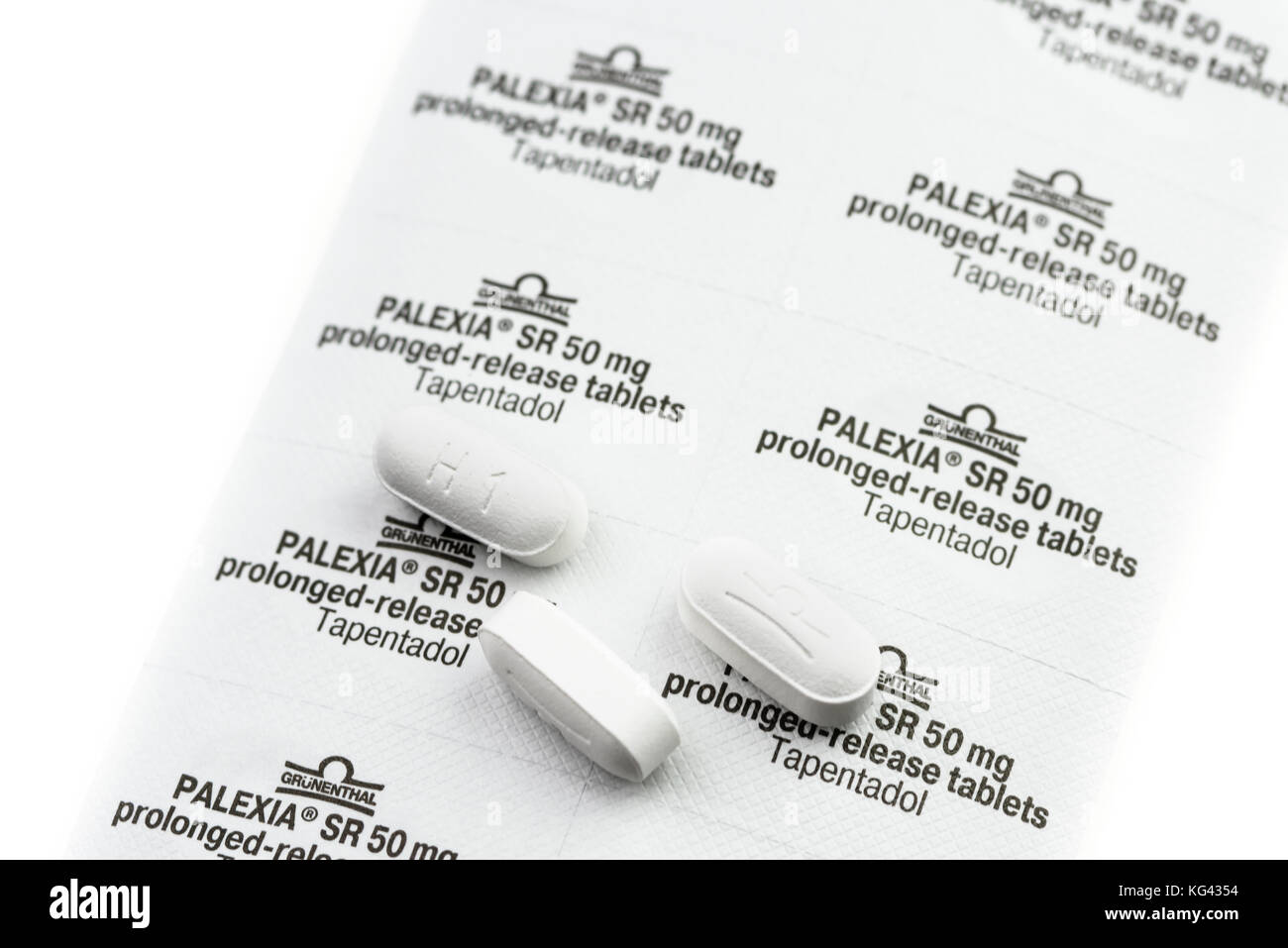 Palexia (Tapentadol) compresse e blister. una base di oppiacei killer del dolore. Foto Stock