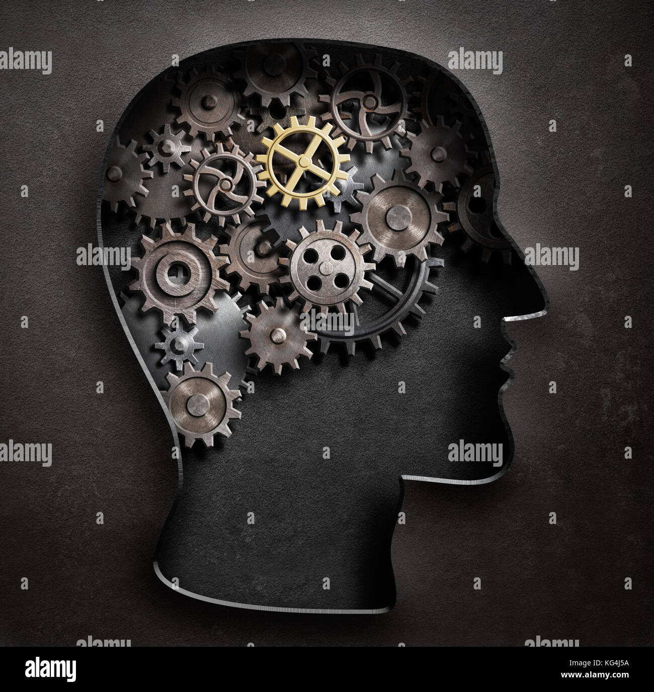 Cervello concetto di modello realizzato da ingranaggi e ruote dentate in metallo piastra 3d illustrazione Foto Stock