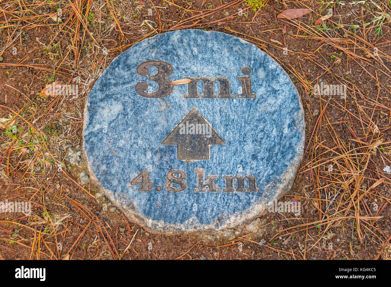 La pietra tonda segno sul terreno che indica la distanza, Stone Mountain Park, Georgia, Stati Uniti d'America Foto Stock