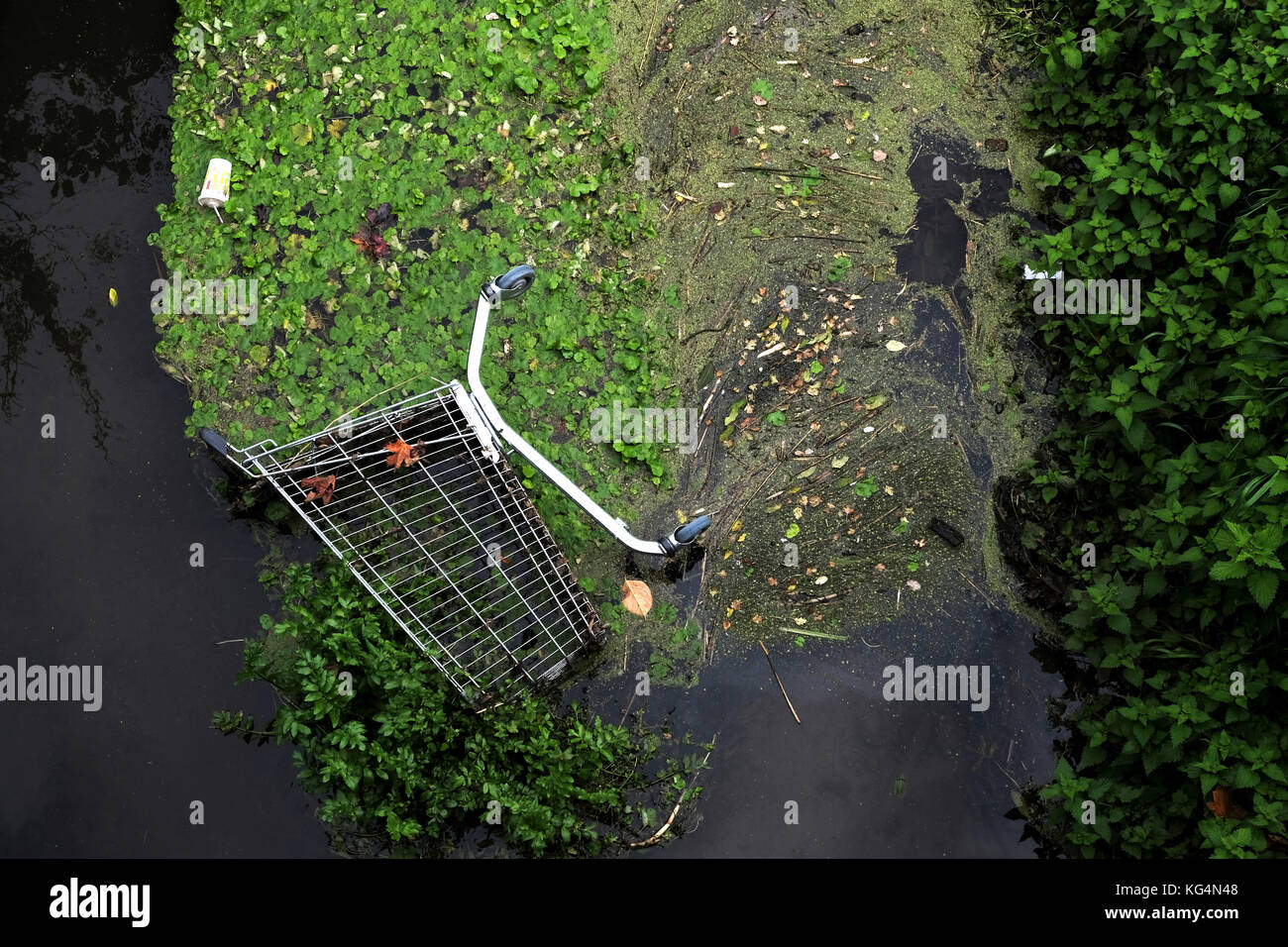 Abbandonato un carrello della spesa oggetto di dumping in un fiume locale causando danni ambientali a Bristol, Inghilterra, Regno Unito Foto Stock