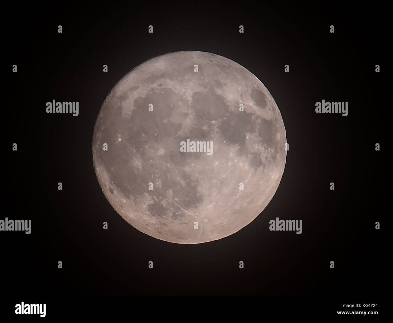 Una luna piena di novembre, che è conosciuta come una Luna di castoro o di Cacciatori secondo i nativi nordamericani, sorge a Ely, Cambridgeshire. Foto Stock