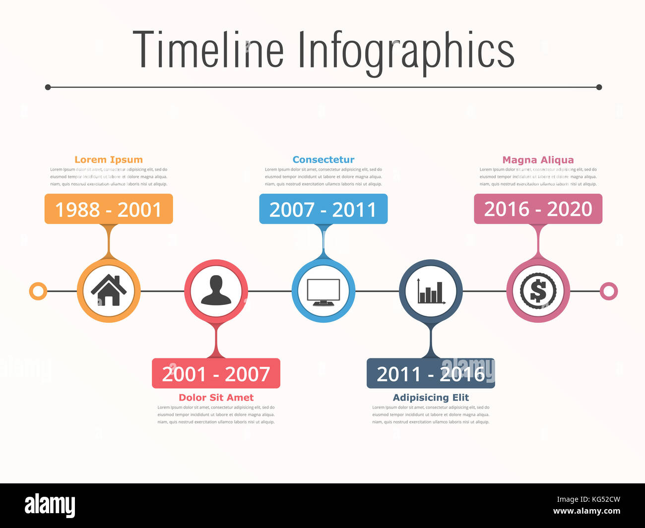 Timeline orizzontale con posto per le date di icone e testo, timeline modello infographics, vettoriale EPS10 illustrazione Foto Stock
