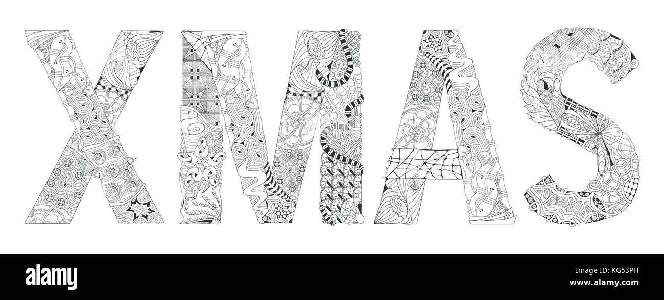 Dipinte a mano e art design. adulti anti-stress pagina colorazione. in bianco e nero disegnato a mano illustrazione abbreviazione xmas per libro da colorare Illustrazione Vettoriale