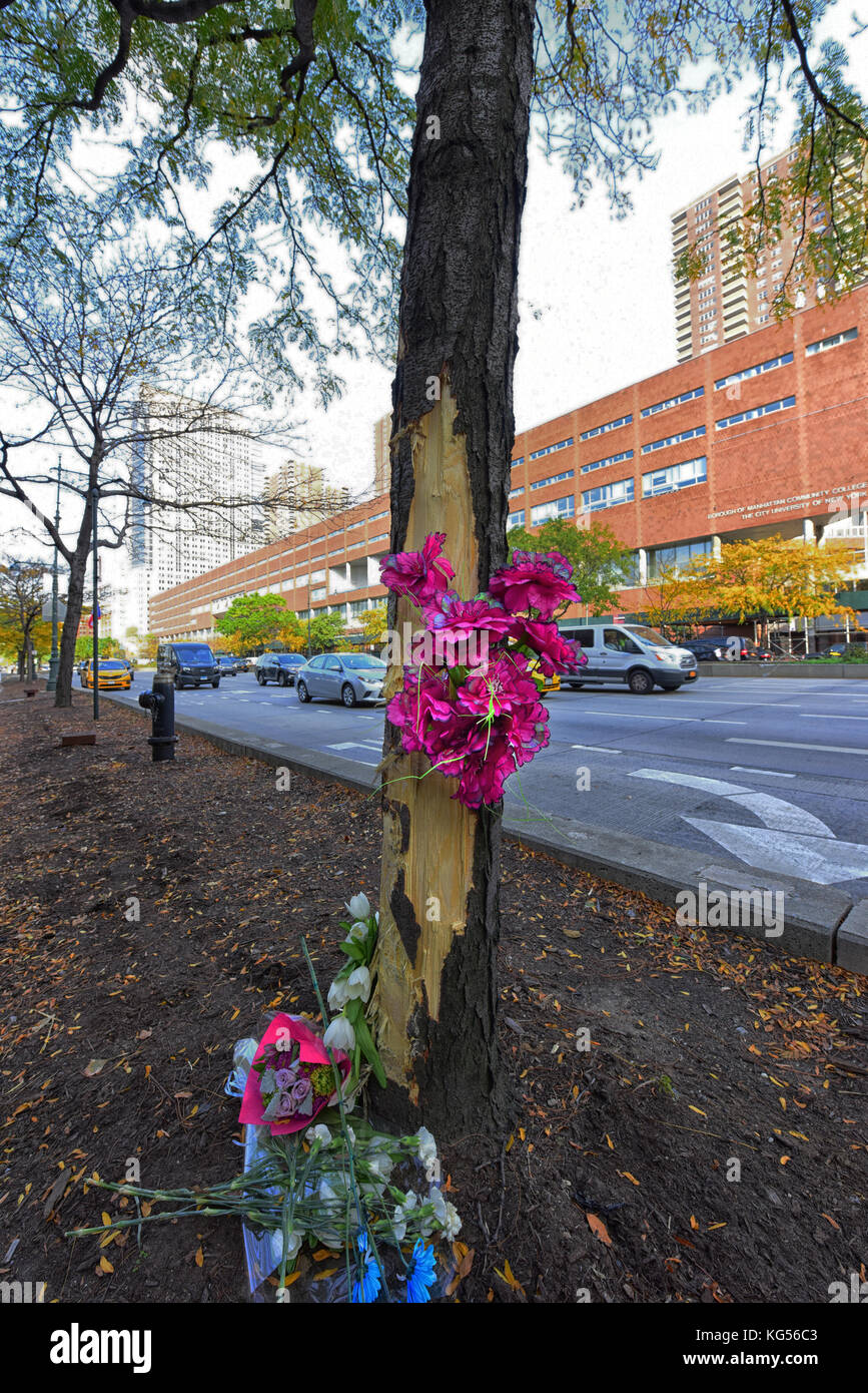 Manhattan, Stati Uniti. 03 nov, 2017. fiori riempiono sgorbio nella struttura ad albero di terrore in cui van possono ad un arresto. improvvisata memoriali sono state poste all'angolo delle camere e ad ovest le strade per onorare le vittime dell attacco da sayfullo saipov a nome di Iside. lungo con fiori e candele, NYPD è stato ponendo ostacoli concreti per prevenire ulteriori attacchi. Credito: Andy katz/Pacific press/alamy live news Foto Stock