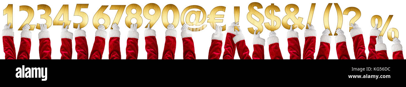 I numeri e i caratteri speciali natale lettera babbo natale braccia mani fino shiny golden lettere xmas collezione sfondo isolato Foto Stock