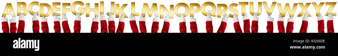 Abc Lettera di Natale insieme santa claus braccia mani fino shiny golden lettere xmas collezione sfondo isolato Foto Stock