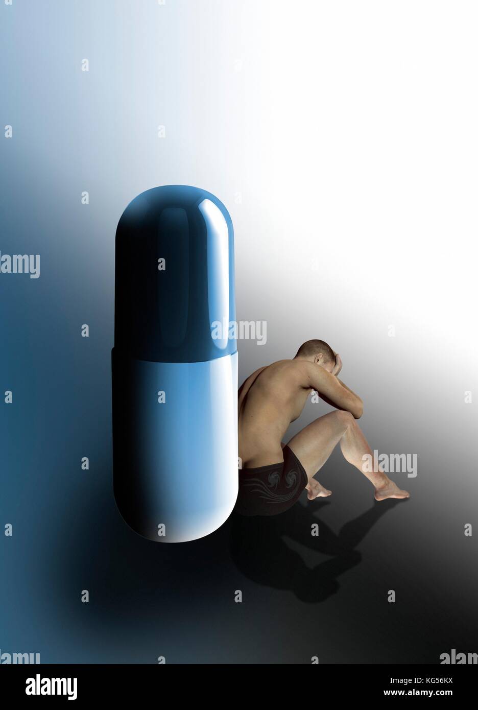 Persona appoggiata contro una pillola, illustrazione. Foto Stock
