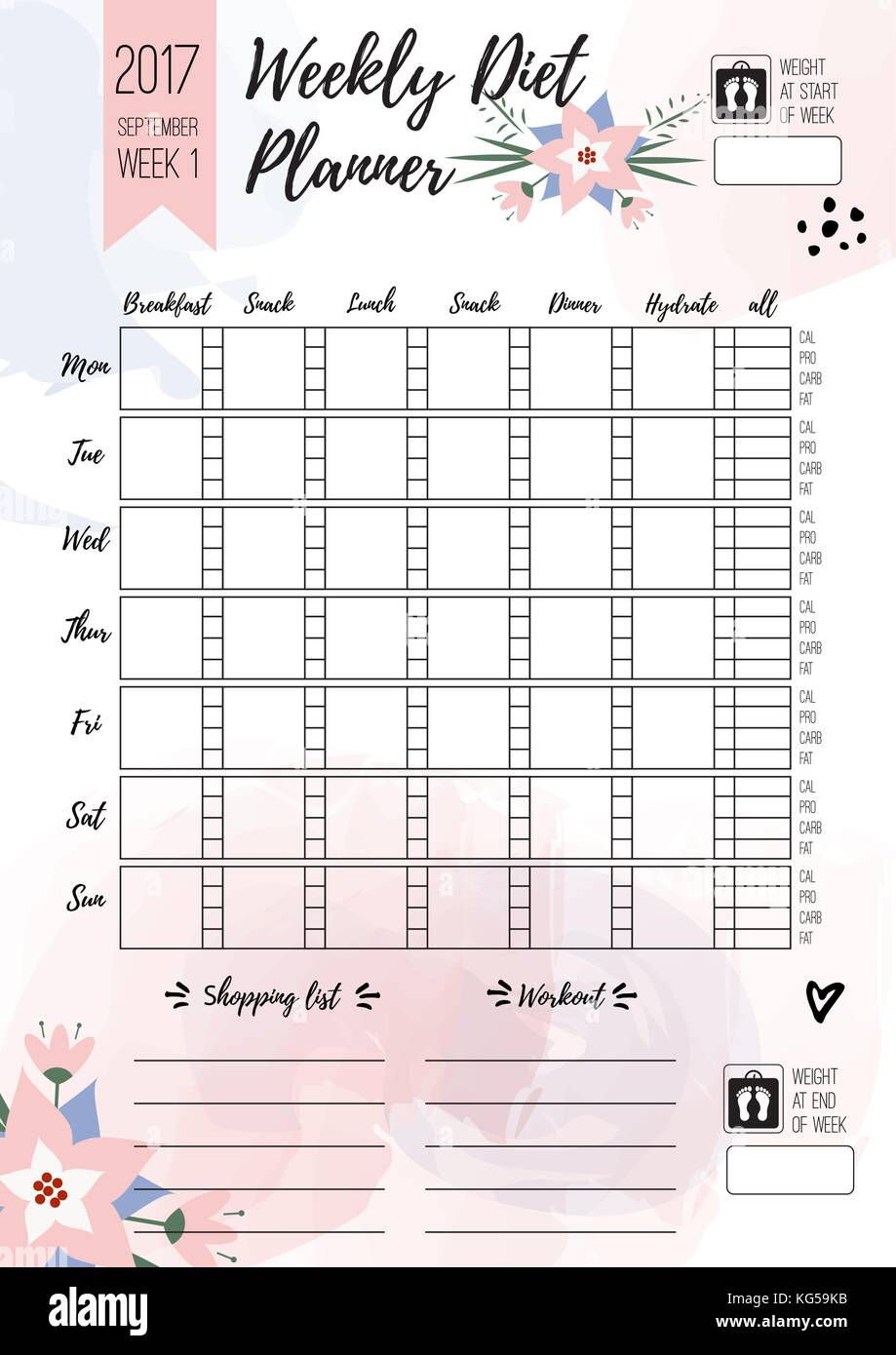 Dieta Settimanale Planner Vettore Pagina Stampabile Per Notebook Femminile Riviste O Brochure Pasto Giornaliero Planner Immagine E Vettoriale Alamy