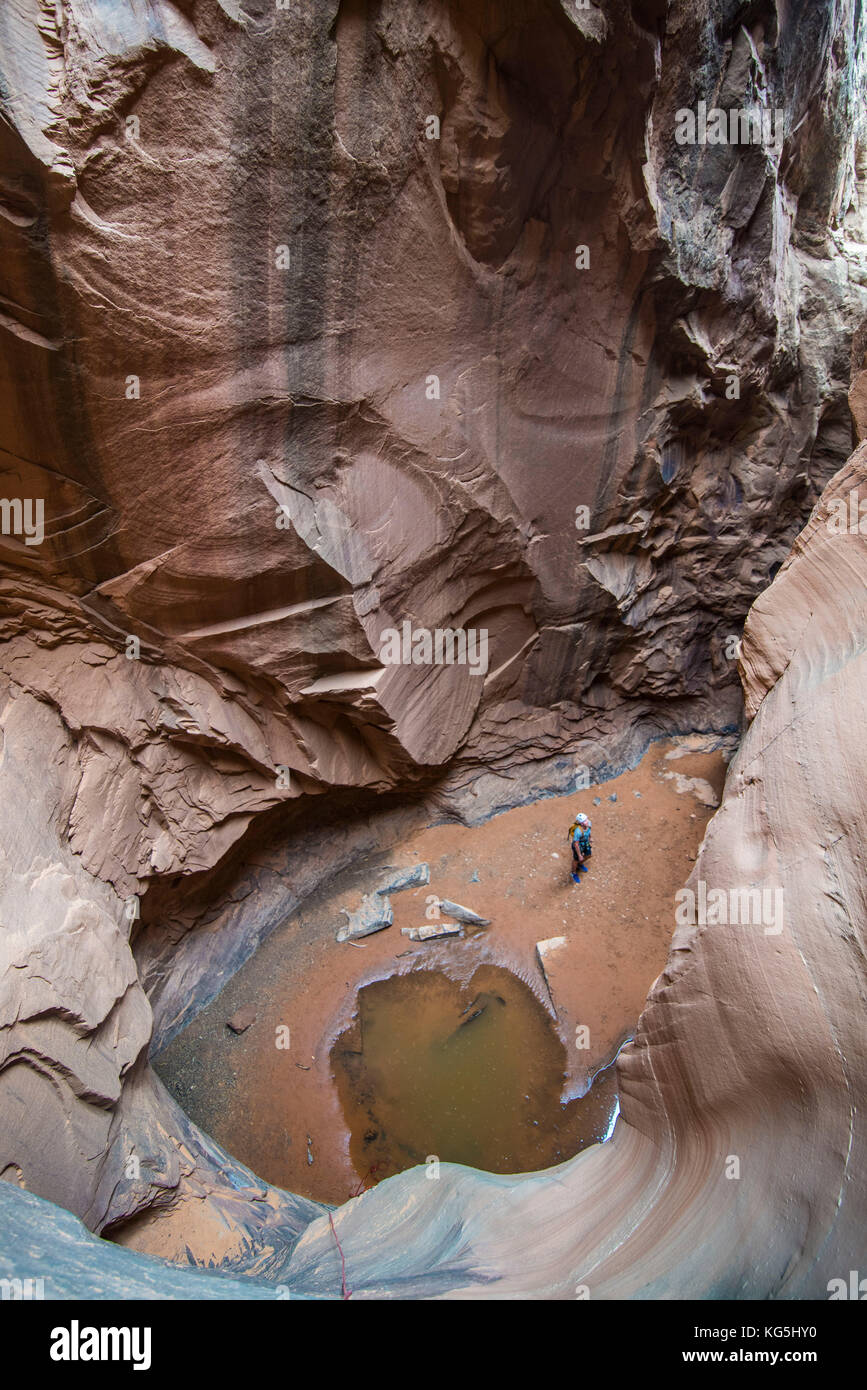 Uomo in piedi in uno slot canyon dopo canyonering, Moab, Utah, Stati Uniti d'America Foto Stock