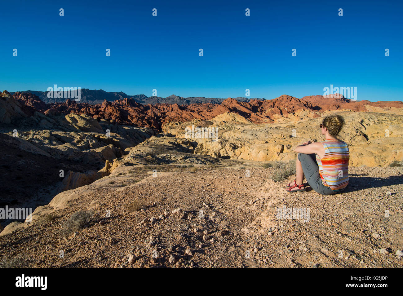 Donna che guarda la spettacolare redrock formazioni arenarie in il parco della Valle di Fire State, Nevada, Stati Uniti d'America Foto Stock