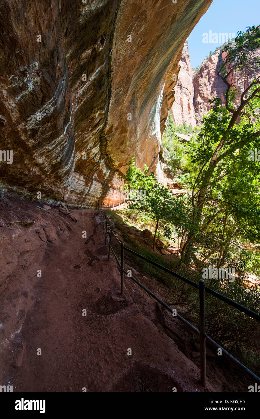 Roccia a strapiombo al pool di smeraldo nel parco nazionale di Zion, Utah, Stati Uniti d'America Foto Stock