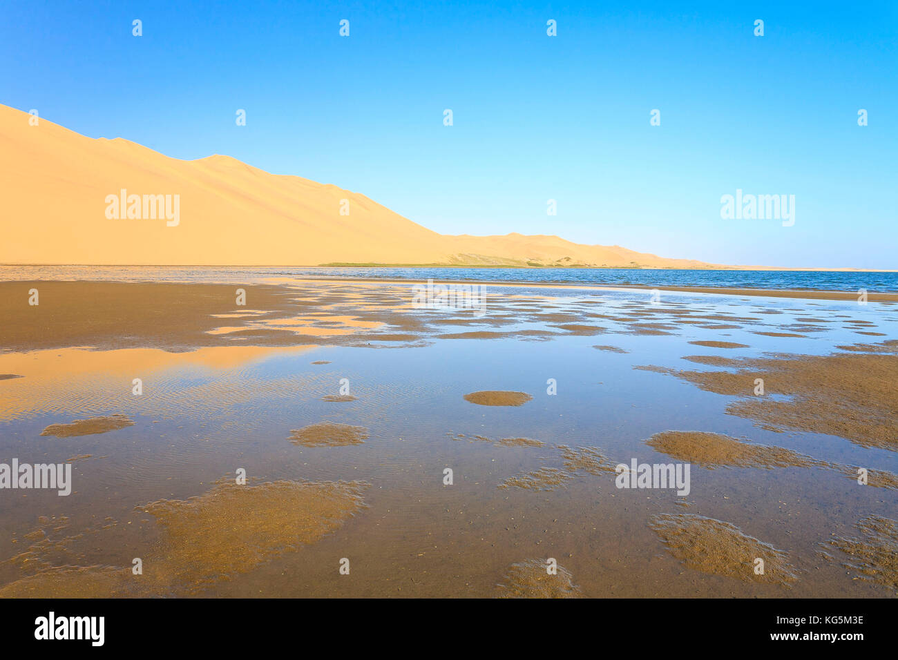 Le dune di sabbia si riflette nella laguna accanto all'oceano atlantico Walvis Bay deserto del Namib regione erongo namibia Africa australe Foto Stock