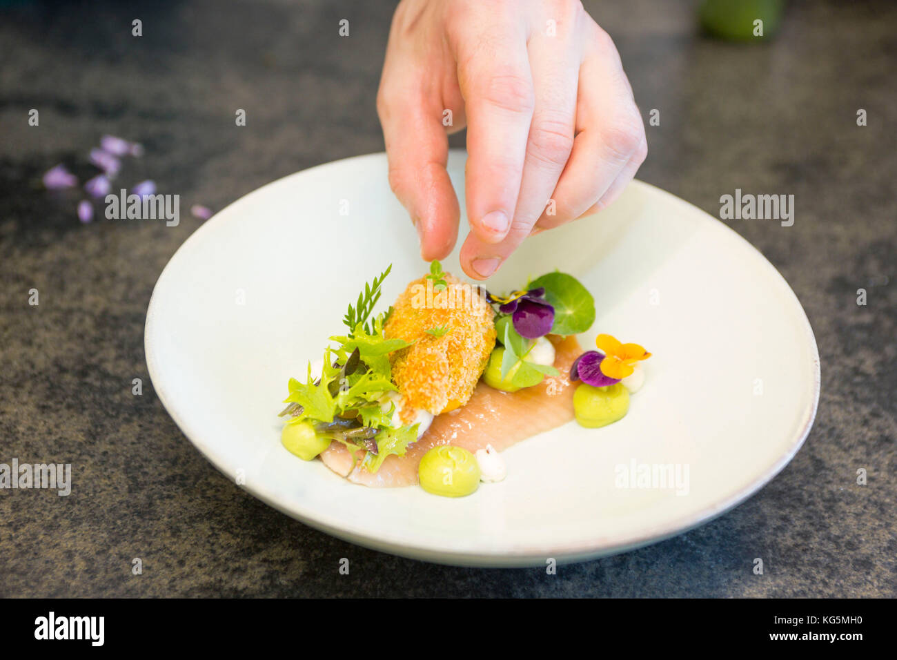 La mise en place di salmone con zucchine fritte, provincia autonoma di Bolzano Alto Adige, trentino alto adige, italia Foto Stock