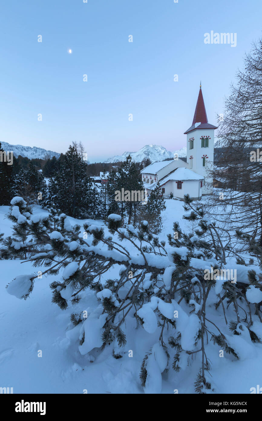 Luci blu del tramonto su Chiesa Bianca incorniciate da alberi innevati passo Maloja Cantone dei Grigioni Engadina Svizzera Europa Foto Stock