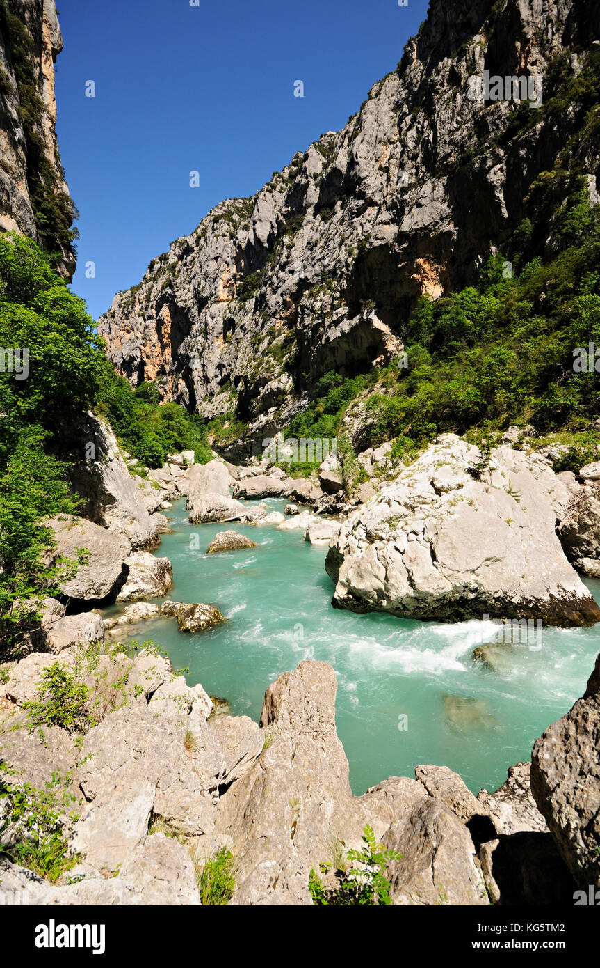 Acque turchesi del fiume Verdon lungo il sentiero Imbut, Verdon Gorge, Francia Foto Stock