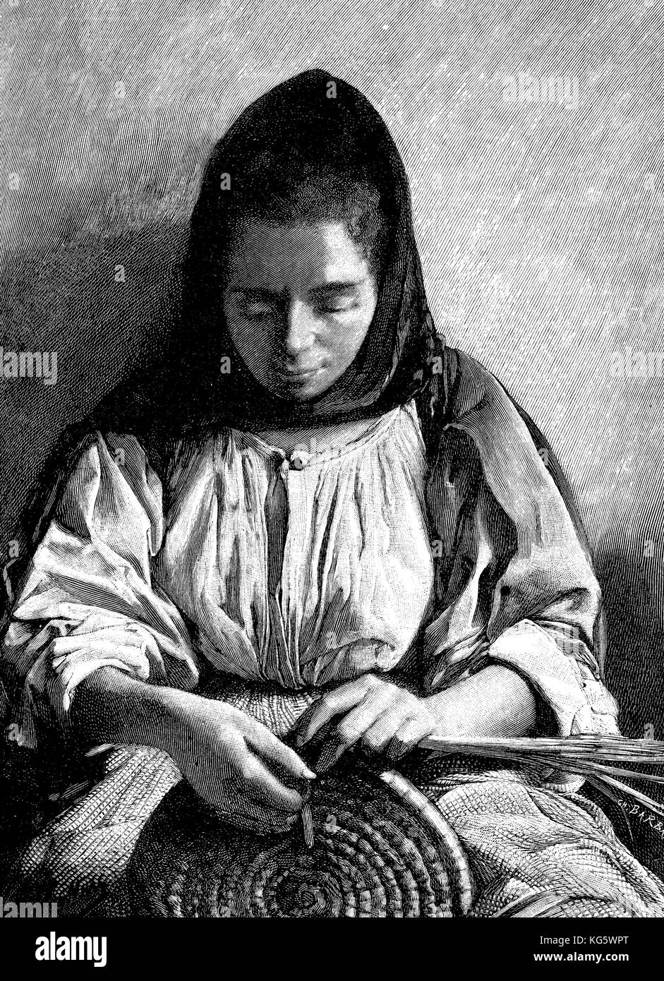 Incisione d'epoca di donna sarda che crea un cesto di vimini, caracterista oggetto artigianale dell'isola sarda Foto Stock