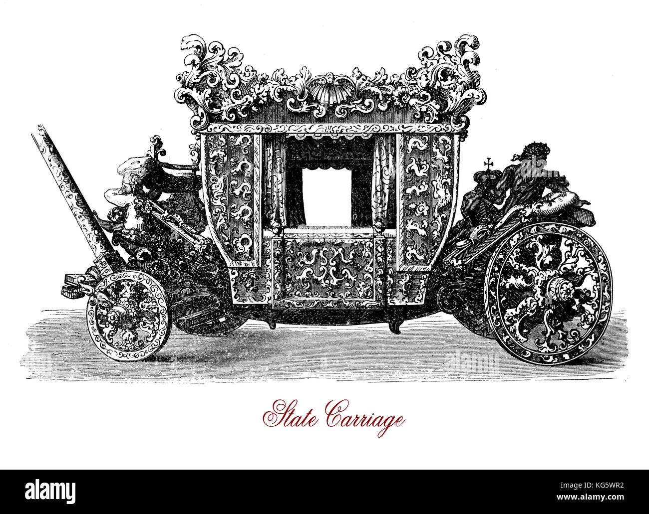Incisione vintage di stato carrello, pullman di proprietà di uno stato di Royal utilizzano spesso visto per le visite di stato, royal matrimoni e altri alti eventi cerimoniali Foto Stock