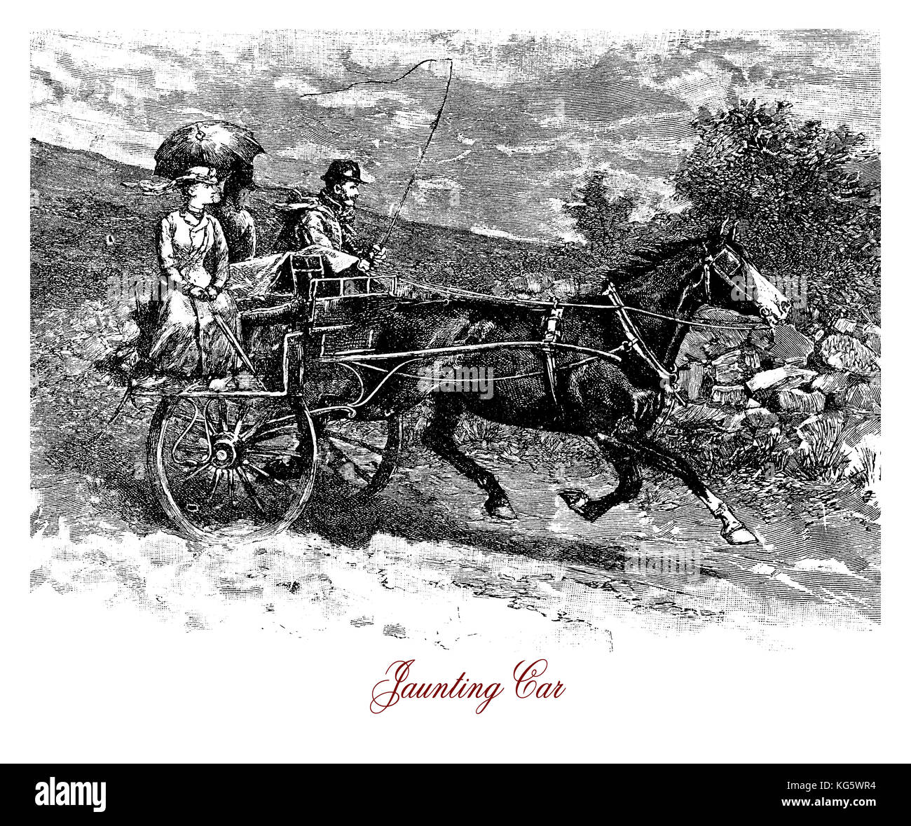 Incisione d'epoca di un'auto a due ruote addestrata a cavallo Foto Stock