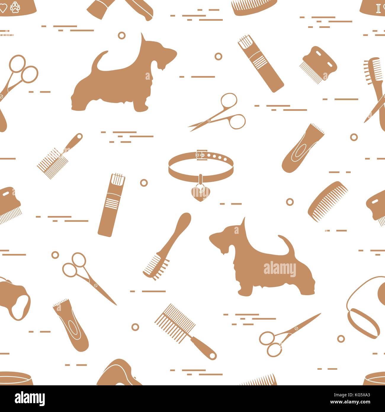 Modello con il cane, pettini, collare, guinzaglio, rasoio, asciugacapelli, ciotola, forbici. health care, toelettatura, prendersi cura di un cane, mostra. Illustrazione Vettoriale