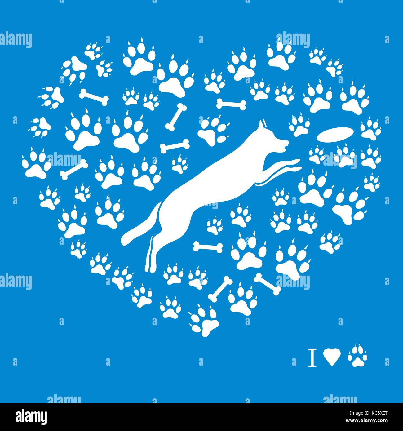 Bella immagine del cane di salto silhouette su uno sfondo di cane le vie e le ossa in forma di cuore su uno sfondo colorato. Illustrazione Vettoriale