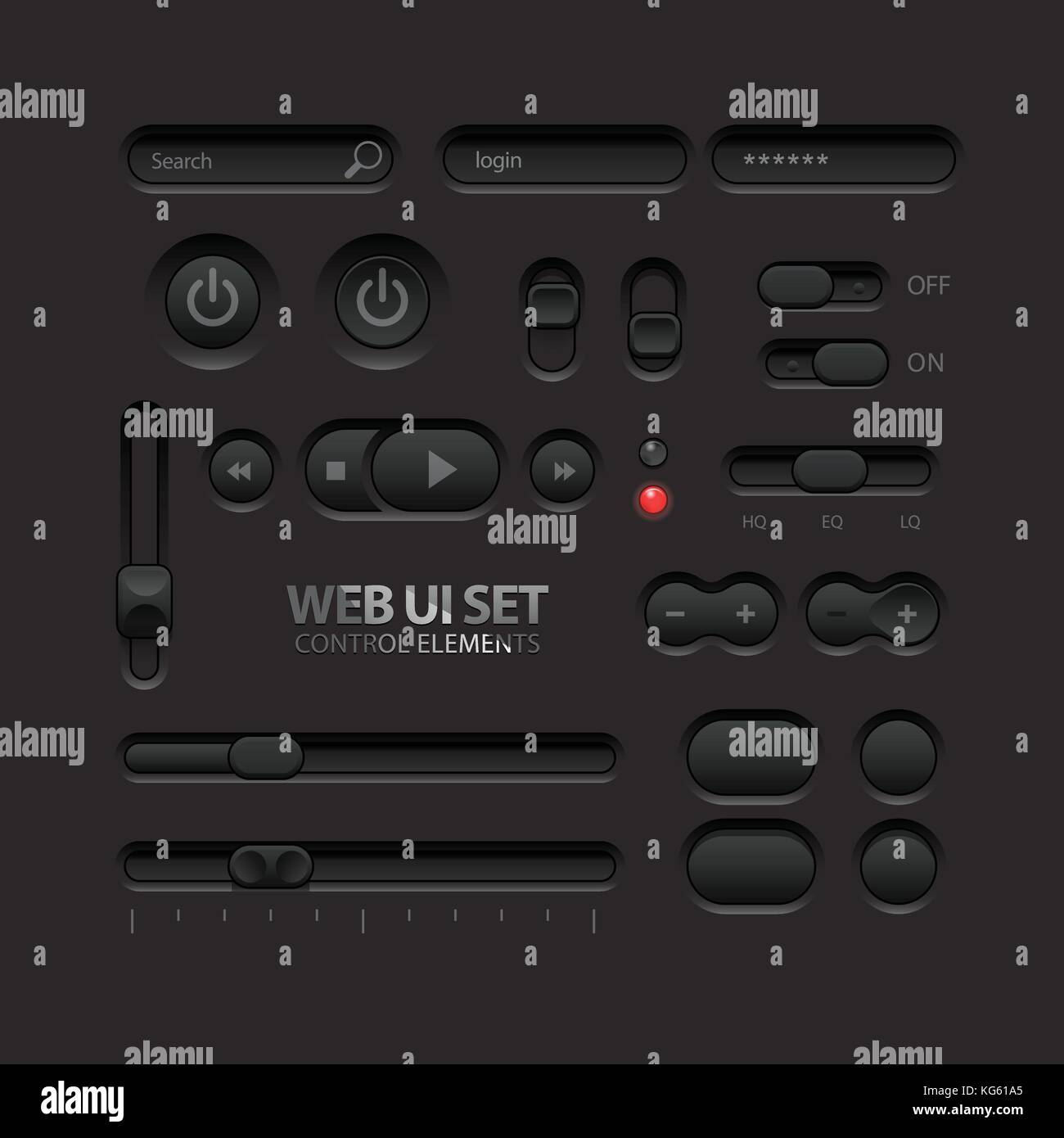 Dark ui web elementi. i pulsanti, interruttori, barre di alimentazione, pulsanti, cursori. parte due. illustrazione vettoriale Illustrazione Vettoriale