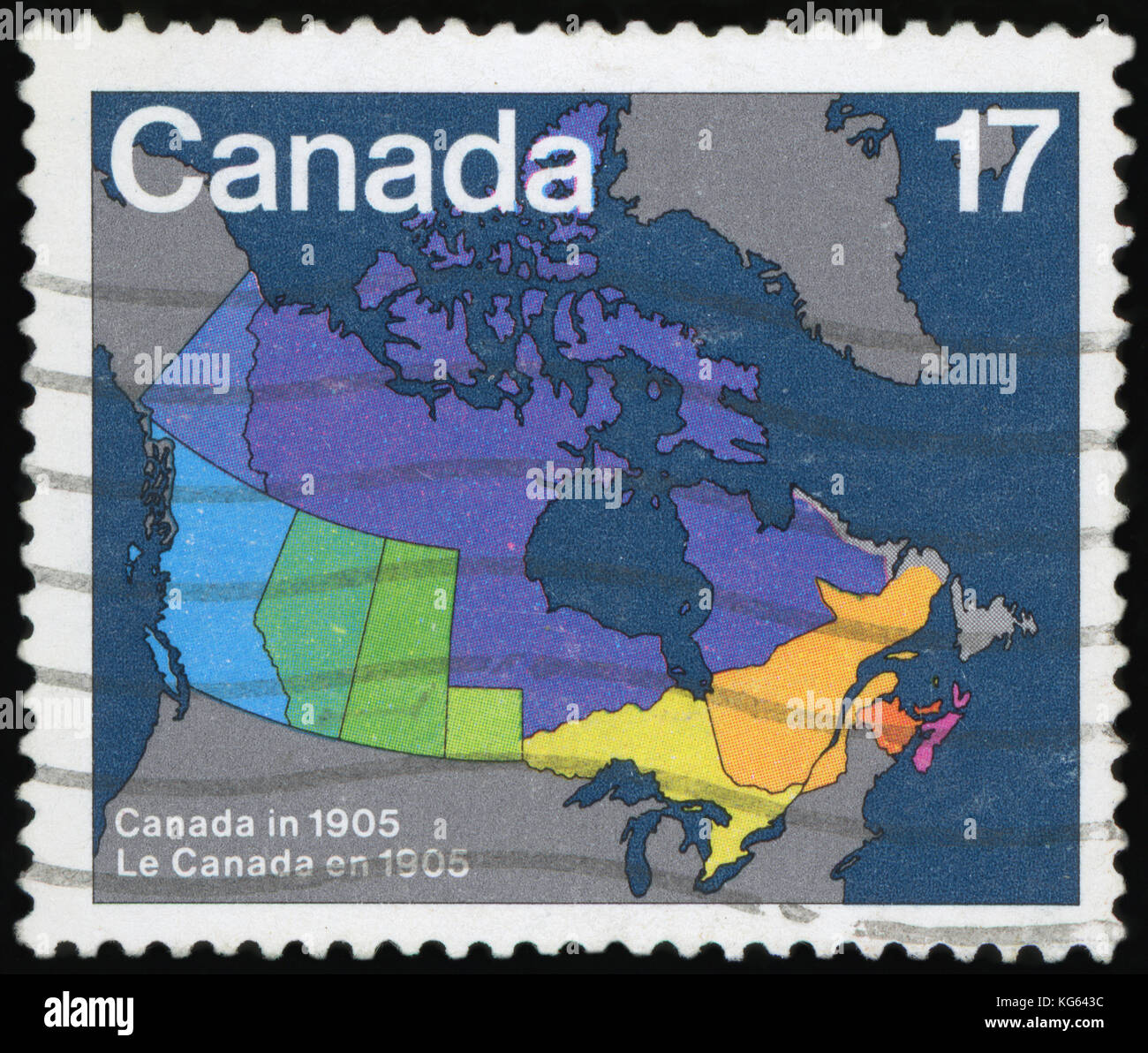 CANADA - circa 1981: un timbro stampato in Canada. Mappe che mostrano l'evoluzione del Canada dalla Confederazione per presentare giorno ' problema Mostra mappa Canada in 1905, c Foto Stock