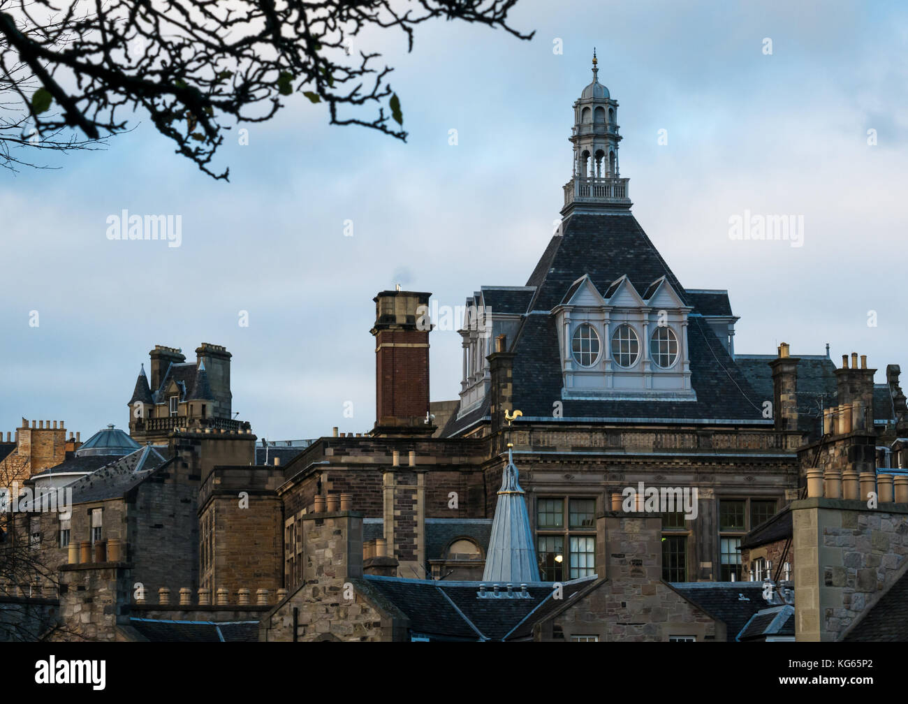 Tetto ornato e guglia della Biblioteca Centrale visto dal cimitero di Greyfriar, finanziato da Andrew Carnegie, Edimburgo, Scozia, Regno Unito Foto Stock