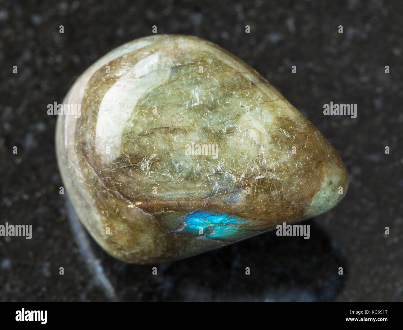 Le riprese in modalità macro di minerale naturale campione di roccia - lucidato labradorite pietra preziosa sul granito scuro sfondo dalla Finlandia Foto Stock