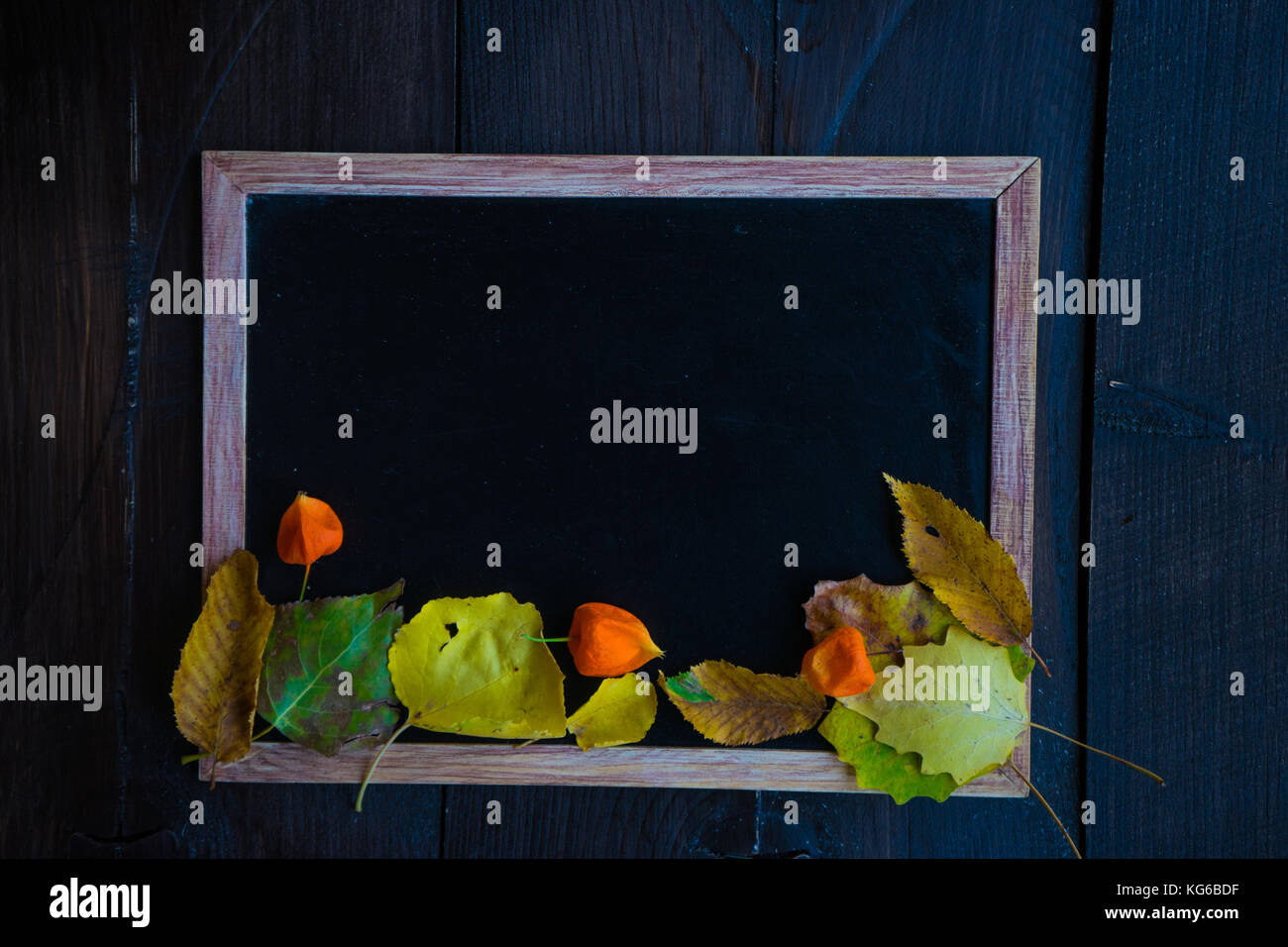 Chalkboard decorate con giallo foglie autunnali come un tempo di discesa concept Foto Stock