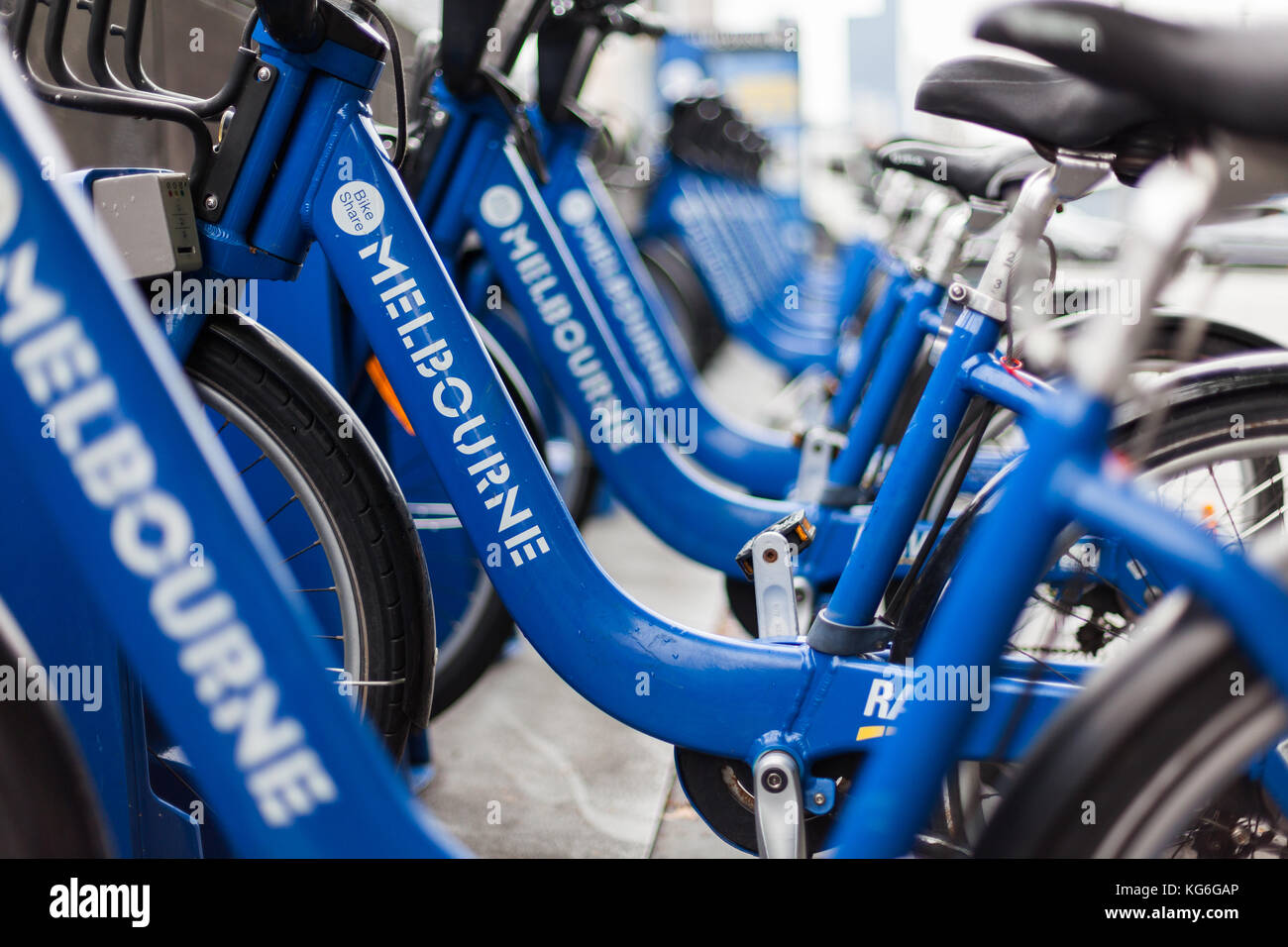 Melbourne blue gratuitamente biciclette di cortesia Foto Stock