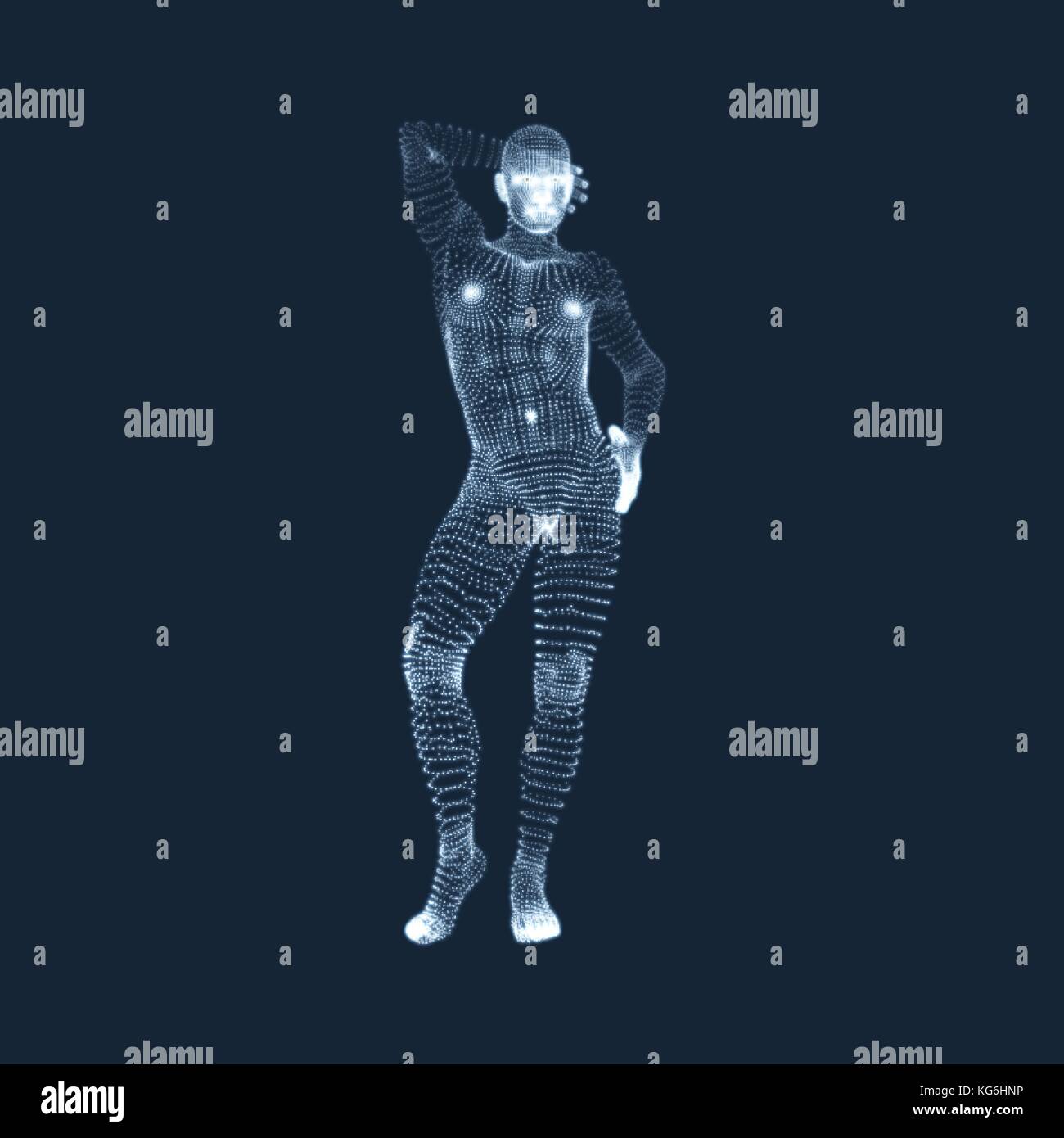 L uomo sta in piedi. Modello 3d dell'uomo. corpo umano modello. vista del corpo umano. La grafica vettoriale composto da particelle. Illustrazione Vettoriale