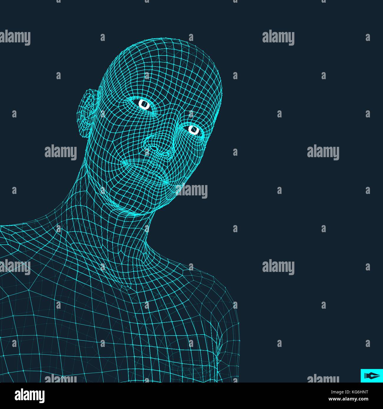Testa della persona da una griglia 3d. testa umana modello filo. umano testa poligonale. faccia la scansione. vista di testa umana. 3d faccia geometrico design. 3d polygona Illustrazione Vettoriale