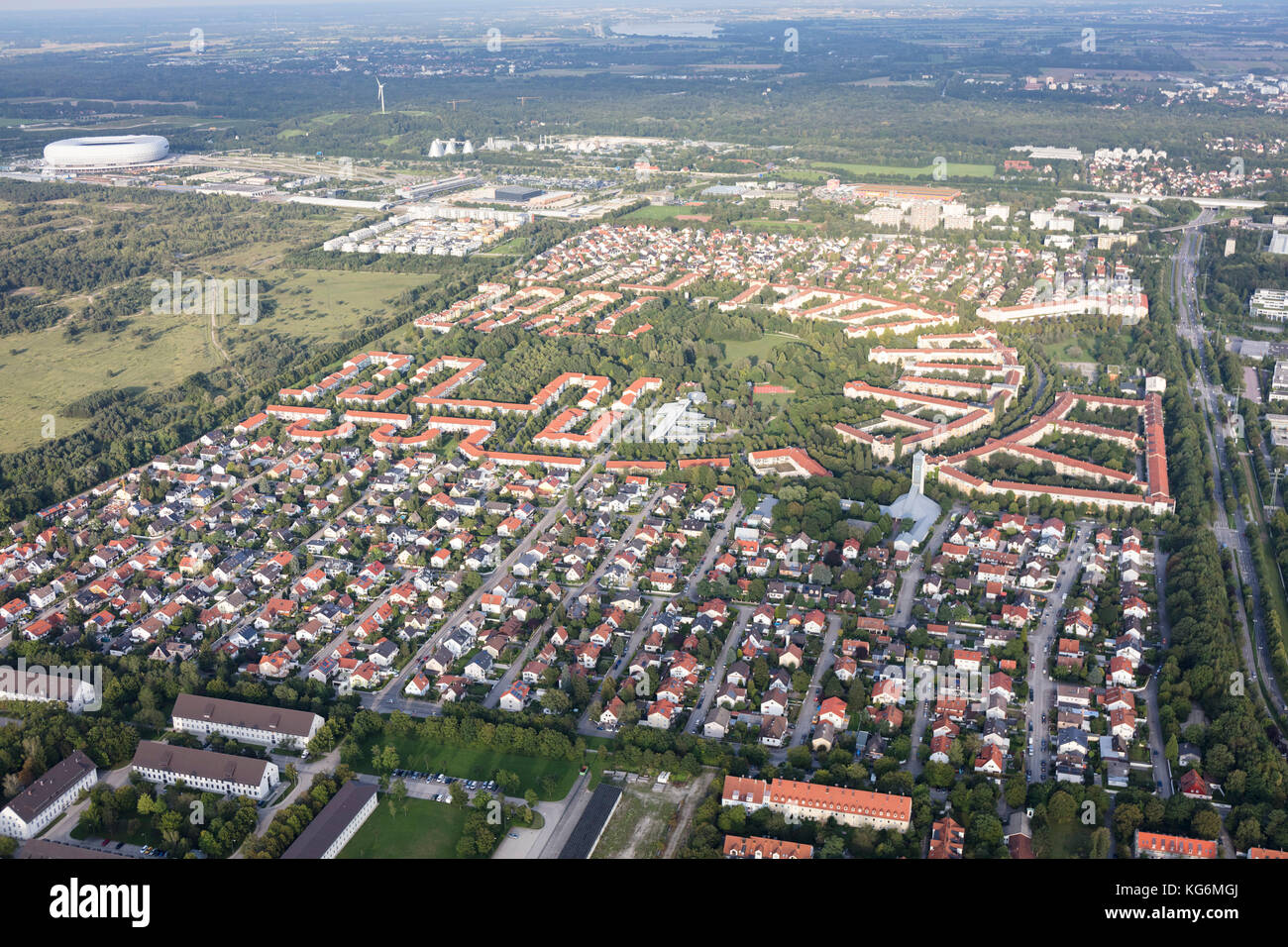 Vista aerea di blocchi di appartamenti a Freimann distretto, Monaco di Baviera, Germania Foto Stock