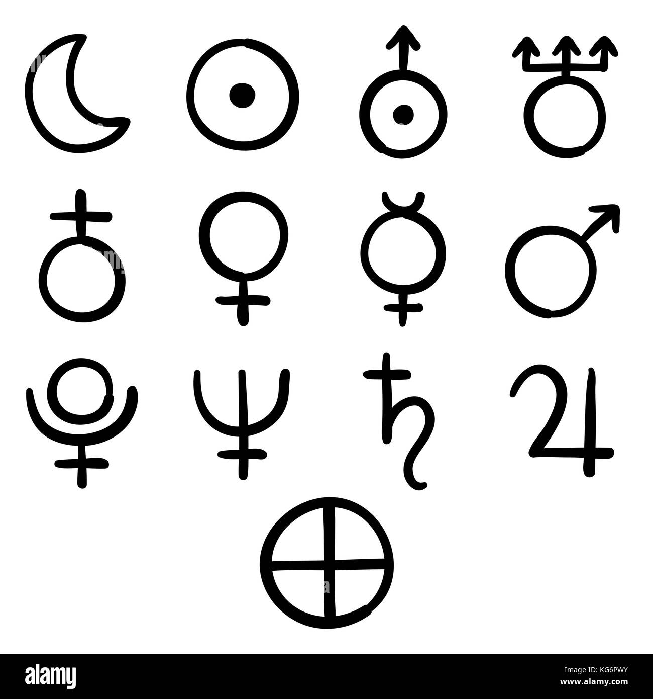 Set di icone per i pianeti e il sole e la luna con Venere, Marte, Giove, Urano, terra, Mercurio, Saturno, Nettuno e Plutone - antica astrologia Illustrazione Vettoriale