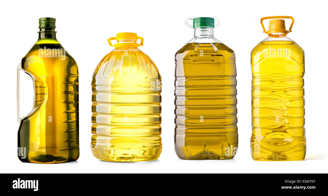 Bottiglia di olio grande in plastica su sfondo bianco Foto Stock